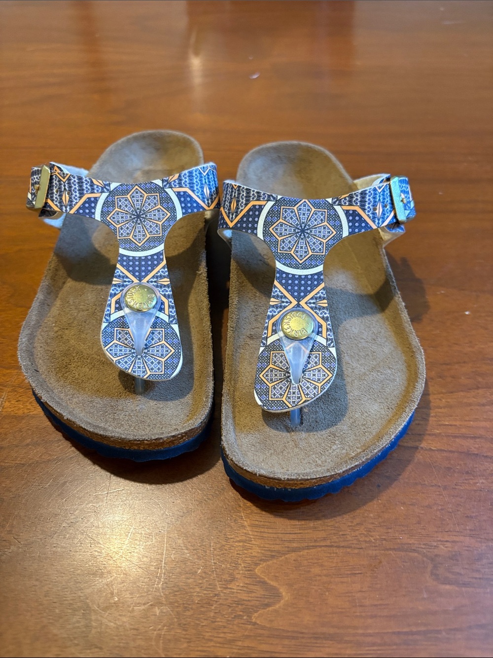 Birkenstock Blue and Tan Patterned Thong Sandals for Women